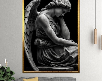 Guardian Angel Canvas Painting, Vintage Angel Statue Wall Art, Ready to Hang Spiritual Decor, Sympathy Gift, Minimalist Art Gift
