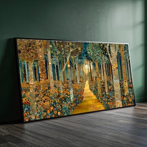 Gustav Klimt Forest Path Canvas Wall Art, Abstract Nature Landscape, Colorful Tree and Flower Scene, Modern Decorative Canvas for Home