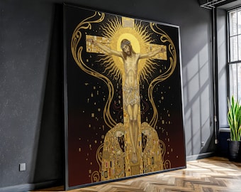 Gustav Klimt-stil Korsfästelse Canvas, Religiös Väggkonst, Guldutsmyckad Kristen Dekor, Symbolisk Modern Konst Canvas, Andligt Hem