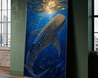 Whale Shark Canvas Painting – Deep Sea Blue Ocean Wall Art, Ready to Hang Gift, Marine Life Decor with Intricate Golden Pattern Design
