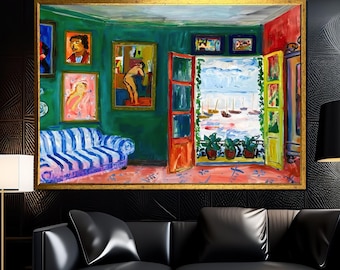 Intérieur inspiré d'Henri Matisse avec fenêtre ouverte, peinture sur toile, prête à accrocher, cadeau pour décoration bohème