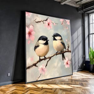 Chickadee Birds Canvas Painting – Romantic Floral Wall Art, Ready to Hang, Gift for Nature Lovers