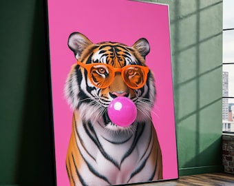 Bubblegum Tiger Canvas Painting, Pop Art Animal Wall Art, Ready to Hang, Gift