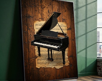 Può includere: Stampa incorniciata con un pianoforte a coda nero con il coperchio aperto, sullo sfondo di vecchi spartiti e un muro di legno invecchiato. I tasti del pianoforte sono bianchi e neri. La stampa è esposta in una stanza con una parete verde e una finestra.