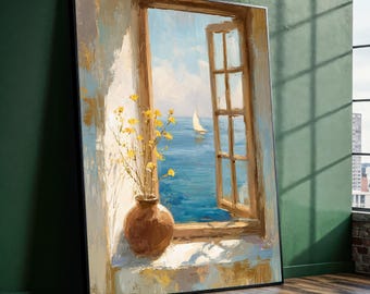 Fenêtre ouverte avec vue sur la mer, décoration murale sur toile, peinture côtière méditerranéenne avec voilier et fleurs pour cuisine, salon ou maison de plage