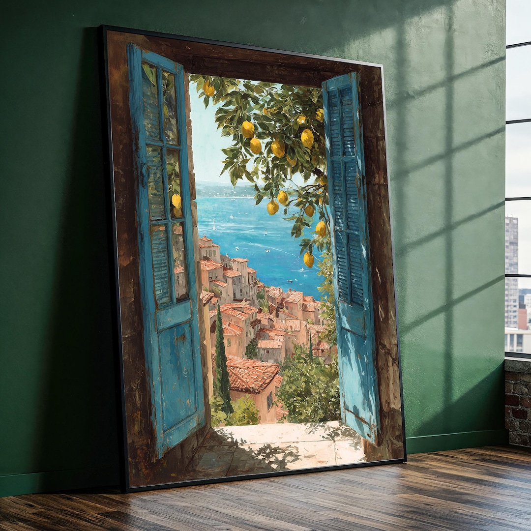 Mediterranean Window View Art - Coastal Village Canvas Print - Lemon ...