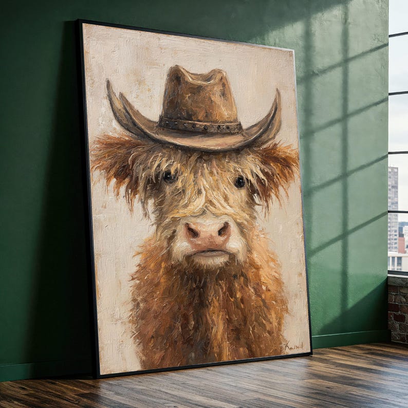  Rustic Highland Cow in Cowboy Hat Canvas, Farm Animal Wall Art, Country Bildidee 