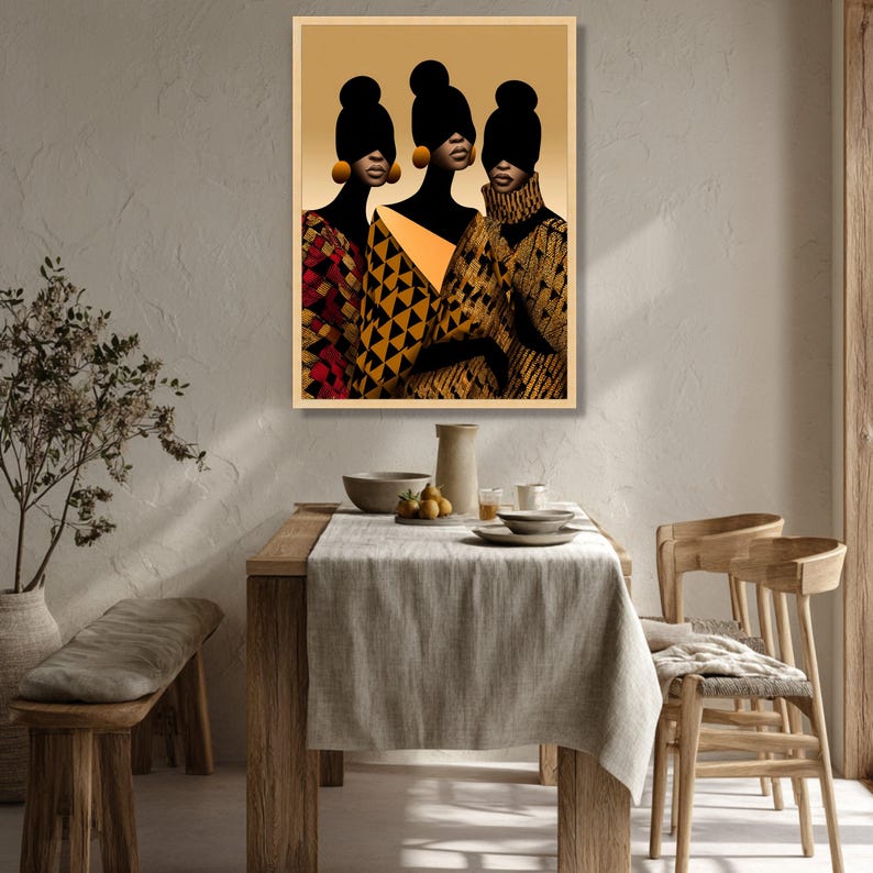 Elegant African Women Portrait Canvas, Modern Ethnic Fashion Art, Geometric Pattern Wall Decor, Stylish Female Silhouettes, Contemporary image 6