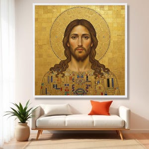 Gustav Klimt Stil Jesus Porträt Leinwand, Gold religiöse Wandkunst, ikonische heilige Kunstdruck, spirituelle Wohnkultur, moderne klassische Leinwand Bild 7