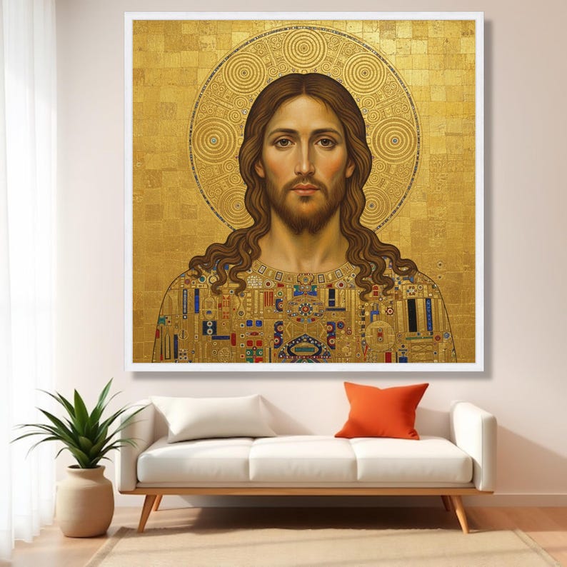 Gustav Klimt Stil Jesus Porträt Leinwand, Gold religiöse Wandkunst, ikonische heilige Kunstdruck, spirituelle Wohnkultur, moderne klassische Leinwand Bild 7