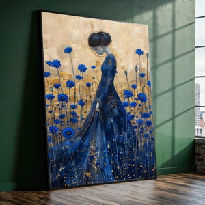 Gustav Klimt – Lady of the Blue Poppies Wall Art, Romantic Gift, Elegant Floral Decor for Bedroom or Living Room