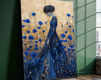 Gustav Klimt – La Dama de las Amapolas Azules, Arte mural, Regalo romántico, Elegante decoración floral para dormitorio o sala de estar