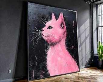 Quadro em tela com gato rosa – Decoração de parede moderna e ousada em estilo pop art, pronto para pendurar, presente para amantes de gatos.