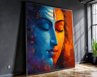 Divine Krishna and Radha Face Canvas, Spiritual Wall Art, Indian Mythology Painting, Colorful Religious Canvas, Meditation Room Decor
