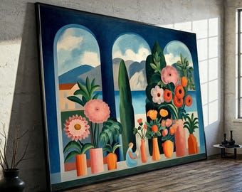 Tarsila do Amaral Floral Balcony Canvas Art, Brazilian Modernism Painting, Tropical Garden Wall Decor