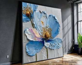 Blue Floral Canvas Wall Art, Impasto Painting, Decorative Flower Canvas, Modern Home Decor, Ready to Hang Wall Art