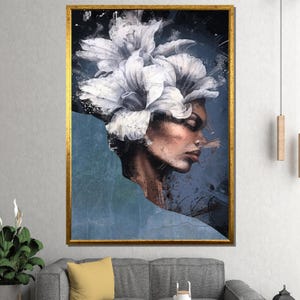 Elegant Black Woman Canvas Painting with White Flowers – Modern Feminine Wall Art, Bold Gift for Living Room, Studio or Creative Spaces