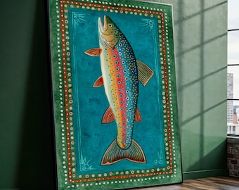 May include: A framed art print featuring a colorful illustration of a fish. The fish has a rainbow of colors, including blue, orange, yellow, and red. The background is teal, and the frame is green with a dotted border.