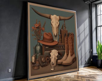 Western Cowboy Wall Art - Rustic Ranch Decor Canvas - Longhorn Skull Boots Hat Print - Country Farmhouse Artwork