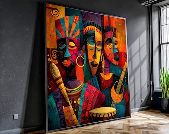 Abstract African Musicians Canvas Wall Art, Colorful Tribal Style Painting with Drums, Flute and Guitar for Living Room or Cultural Decor