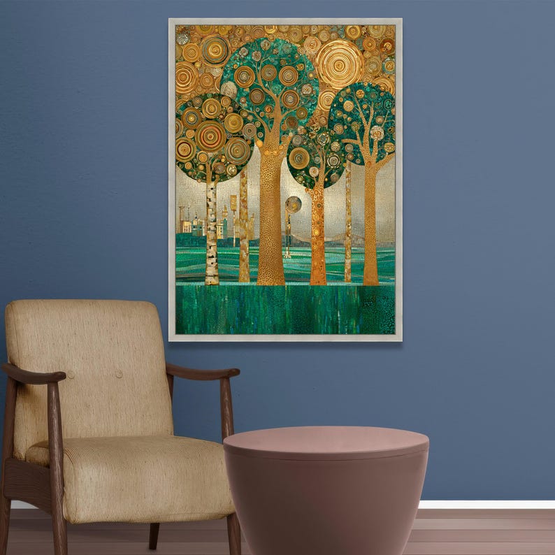 Klimt Mosaic Trees Canvas, Abstract Forest Wall Art, Gold and Teal ...