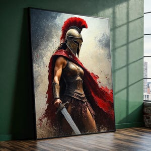 May include: A framed artwork depicting a warrior in ancient Greek attire. The figure wears a gold helmet with a red crest, a red cape, and holds a sword. The artwork has a painterly style with a neutral background.
