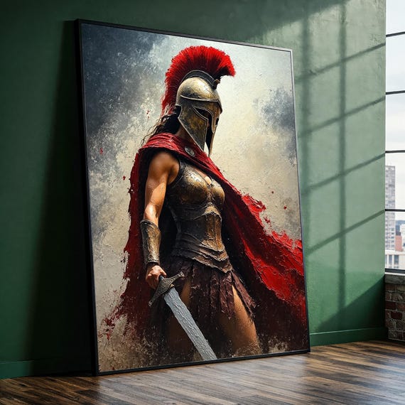 Female Spartan Warrior Canvas Painting Ready to Hang Gift, Ancient Greek Wall Art for Modern Home, Office or Man Cave Decor