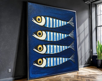 Blue Sardines Pop Art Canvas Painting - Modern Coastal Wall Art, Ready to Hang, Nautical Gift for Beach House or Kitchen Decor