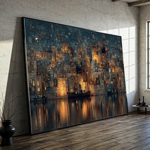 Gustav Klimt Cityscape Canvas, Night Lights Reflection, Abstract Urban Wall Art, Modern Home Decor, Ready to Hang Canvas