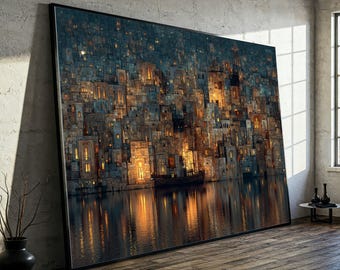 Gustav Klimt Stadtbild Leinwand, Nachtlichter Reflexion, Abstrakte Urbane Wandkunst, Modernes Wohndekor, Fertig zum Aufhängen
