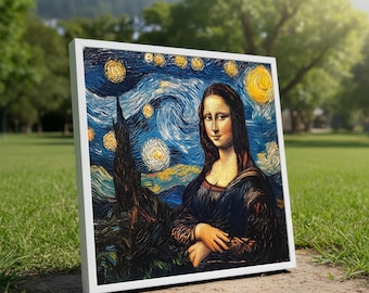 モナ・リザと星月夜のキャンバス壁アート、ダ・ヴィンチとゴッホのマッシュアップ、ホームデコレーション用の有名な絵画プリント