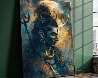 Peut inclure: Impression artistique encadrée représentant une figure spirituelle avec un trident, sur fond de bleus et d'ors, avec un croissant de lune. L'œuvre présente des traits de visage détaillés et des bijoux ornés, créant une atmosphère sereine.