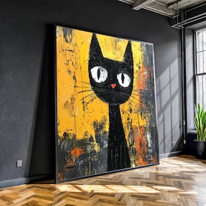 Abstract Black Cat Canvas Painting – Modern Pop Wall Art, Ready to Hang, Gift for Cat Lovers