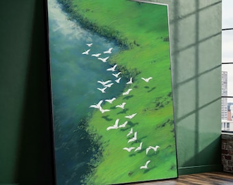 White Birds in Nature Wall Art - Green Landscape Canvas Print - Peaceful River Scene - Minimal Modern Nature Decor