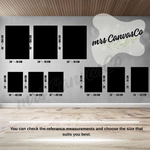 Puede incluir: Exhibici&oacute;n de impresiones art&iacute;sticas en lienzo negro en varios tama&ntilde;os, incluyendo 16 cm x 40 cm, 20 cm x 50 cm, 24 cm x 60 cm, 28 cm x 70 cm y 40 cm x 100 cm. La imagen incluye el texto "You can check the referance measurements and choose the size that suits you best."