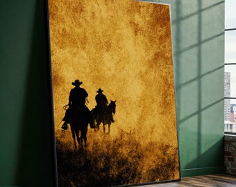 Lienzo decorativo con silueta de vaquero rústico, pintura de jinetes del oeste, decoración vintage del oeste, decoración rústica para el hogar, temática del oeste.
