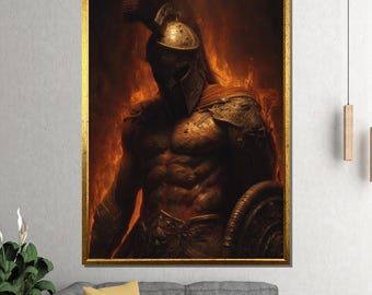 May include: A framed print of a Spartan warrior in full armour, including a helmet and shield, set against a fiery backdrop. The artwork is rendered in warm colours, with a gold frame. The warrior's physique is prominently displayed.