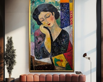 Abstract Woman Portrait Canvas Painting – Modern Cubist Style Feminine Wall Art, Artistic Gift for Living Room, Studio or Gallery Display
