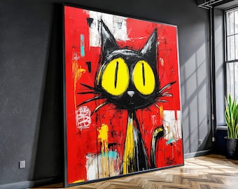 Quadro su tela raffigurante un gatto nero, dipinto astratto di un gatto, moderna arte murale raffigurante animali, tela raffigurante occhi gialli, decorazione con sfondo rosso, casa stravagante