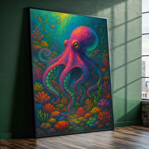 May include: A framed art print depicting a colourful octopus in an underwater scene. The octopus is rendered in shades of pink, purple, and orange, surrounded by coral and seaweed in various colours. The artwork has a painterly style and is framed in black.