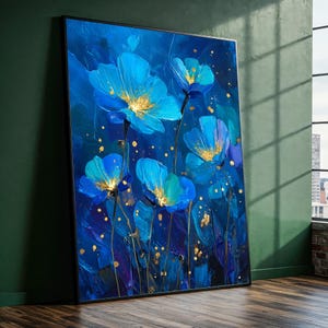 May include: A framed abstract painting featuring vibrant blue flowers with golden centers against a deep blue background. The artwork has a textured, painterly style with visible brushstrokes and gold flecks, creating a dynamic and eye-catching floral design.