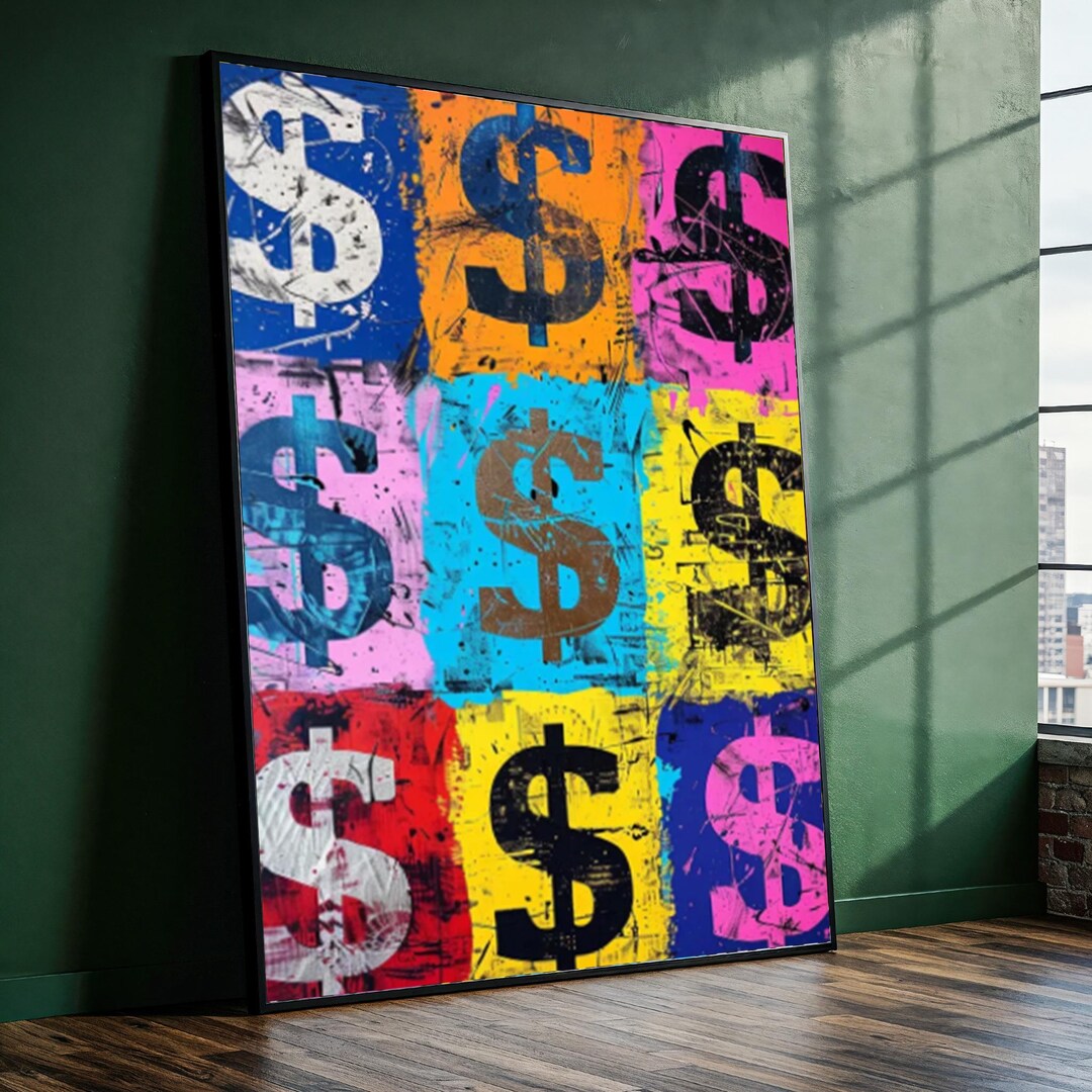 カラフルなドル記号のキャンバス絵画、ポップアートの壁装飾、すぐに
