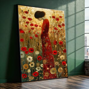 Gustav Klimt  – Lady of the Red Poppies Wall Art, Romantic Gift, Elegant Floral Decor for Bedroom or Living Room