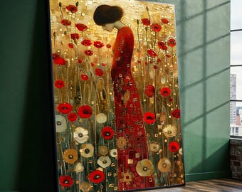 Gustav Klimt – La Dama de las Amapolas Rojas, Arte mural, Regalo romántico, Elegante decoración floral para dormitorio o sala de estar