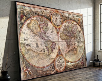 Vintage World Map Canvas Wall Art, Antique Globe Illustration, Large Historical Map Print, Classic Home Decor, Big Canvas Wall Decoration