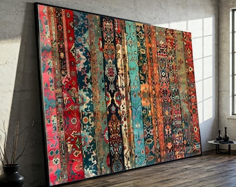 Vintage Perser Teppich Muster Leinwand, Bunte Orientteppich Wand Kunst, Boho Style Wohnkultur, Textildesign Leinwand, fertig zum Aufhängen