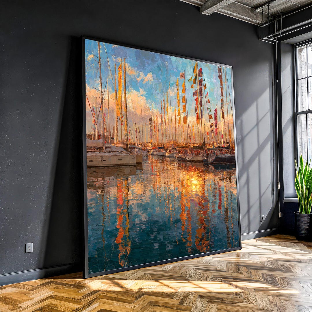 Sunset Marina Wall Art - Sailboat Harbor Canvas Print - Colorful ...