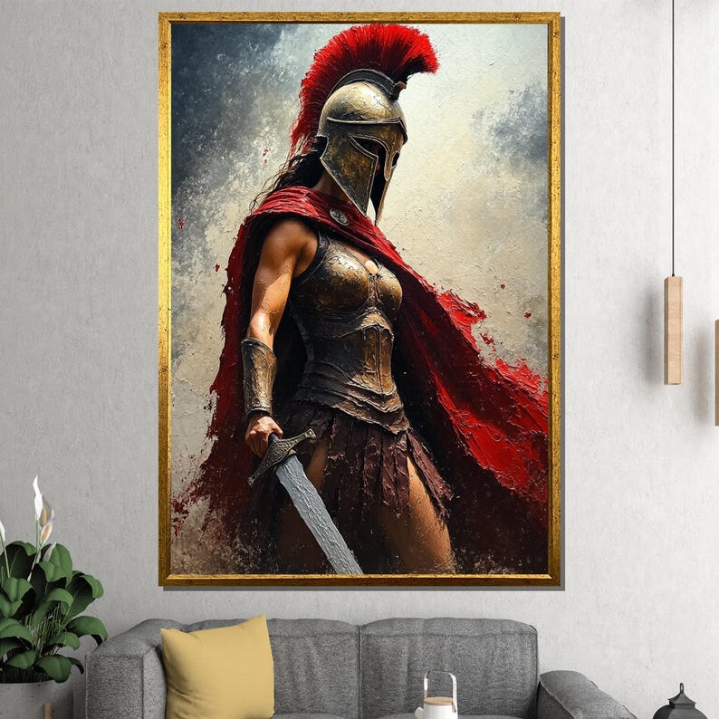 May include: A framed artwork depicts a warrior in ancient armor, holding a sword. The warrior wears a gold helmet with a red plume, a red cape, and a bronze breastplate. The background is a blend of gray and white.