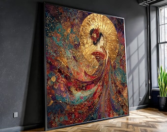 Elegant Japans geishadoek, gouden parasolmuurkunst, traditioneel kimonoschilderij, oosters bloemencanvas, Aziatisch interieur