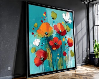 Kleurrijke bloemen muurkunst - heldere canvasafdruk wilde bloemen - moderne zomerbloem schilderij - boho botanisch decor